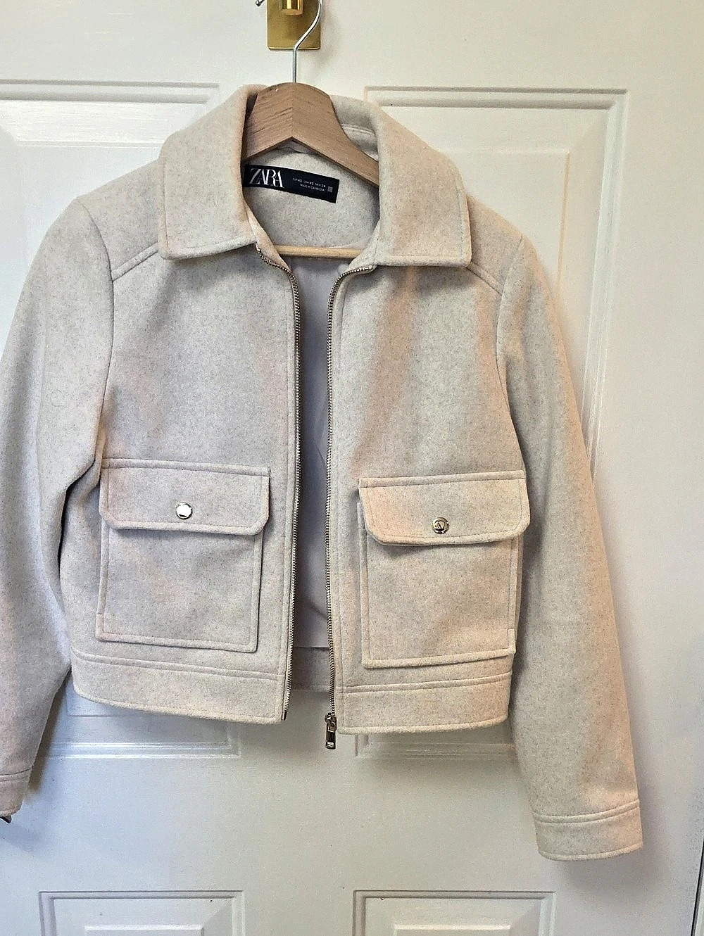 Zara Cropped Beige Jacket with Gold Buttons Utility Jacket Cream XS